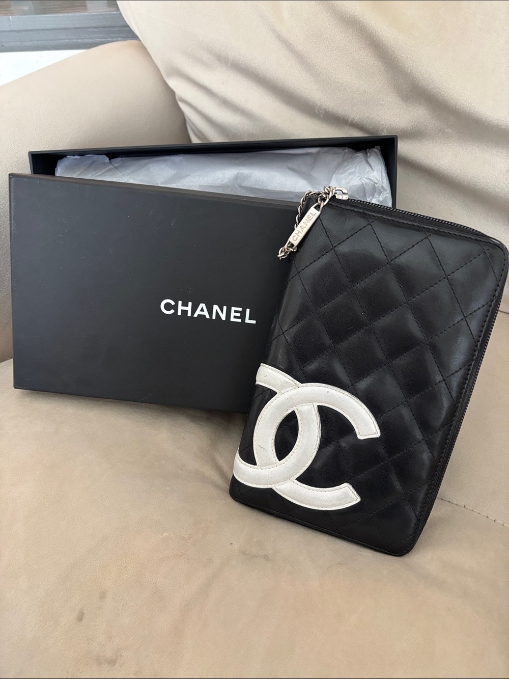 CHANEL Cambon Black Quilted Zip-Around Organizer Clutch with White CC Logo